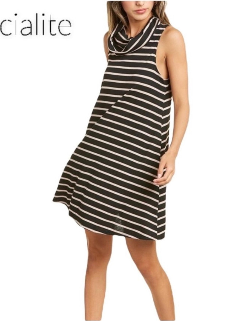 Socialite - black and tan cow neck stripped dress